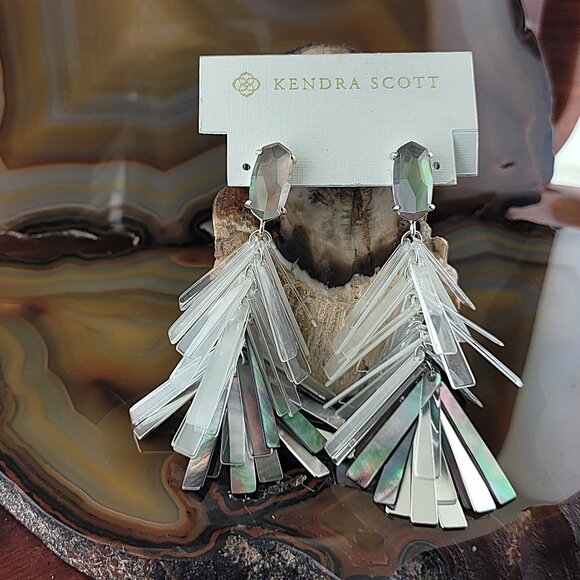 New Kendra Scott Justyne Statement Earrings Bright Silver Black MOP Neutral Mix - Picture 2 of 5